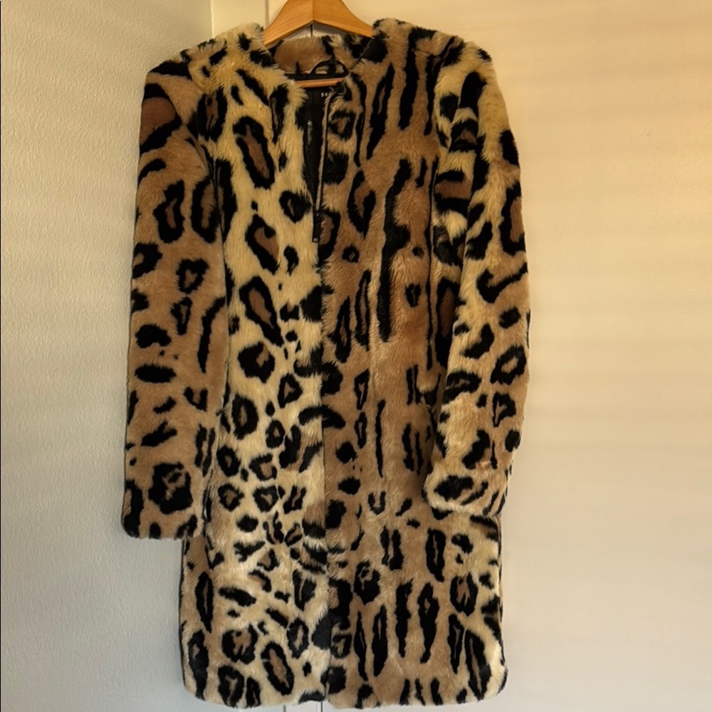 DKNY Leopard Print Faux Fur Coat Slim Fit